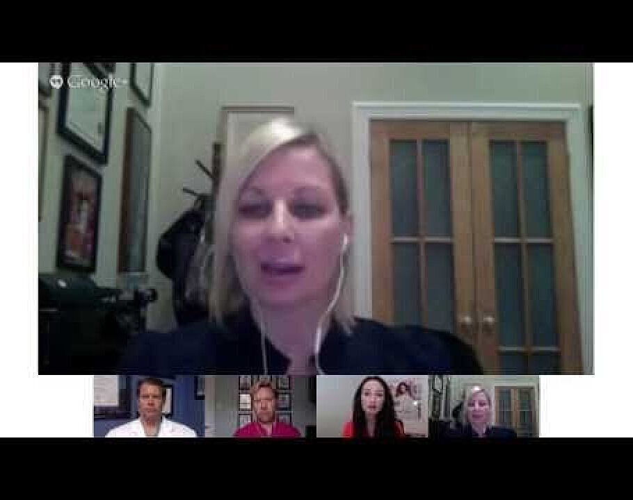 Group video call with four participants discussing topics.